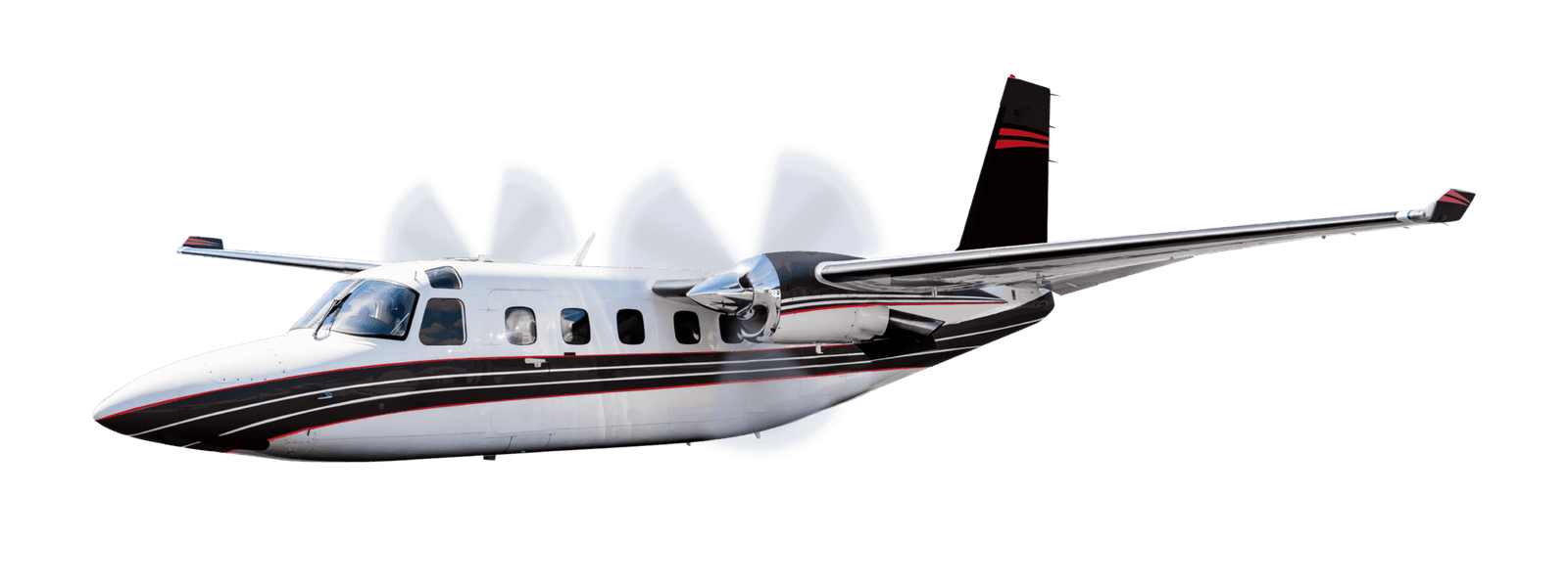 Gulfstream Commander Jet Prop in flight with white background.